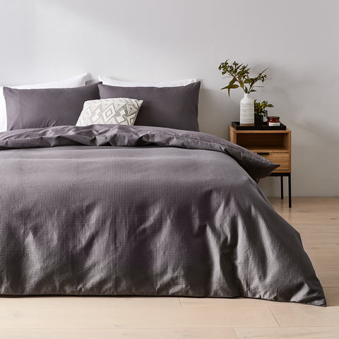 Waffle Cotton Quilt Cover Set Queen Bed, Charcoal Grey Duvet Cover Queen
