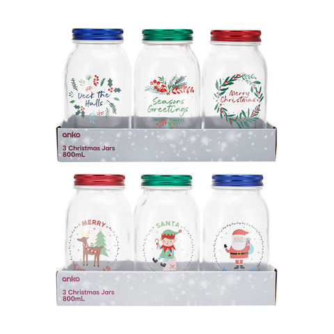 3 Pack 800ml Christmas Jars , Assorted