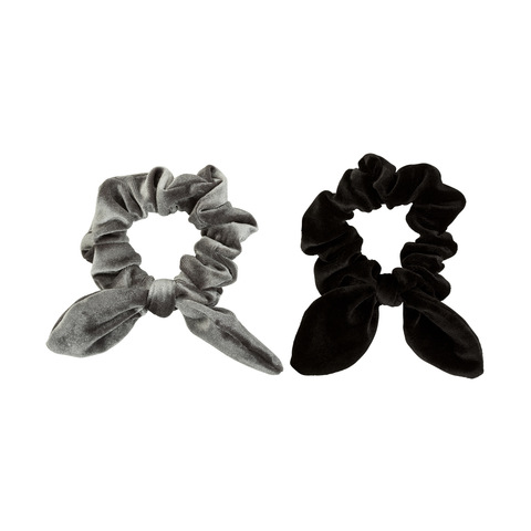 2 Pack Bunny Ear Velvet Look Scrunchies - Black & Grey